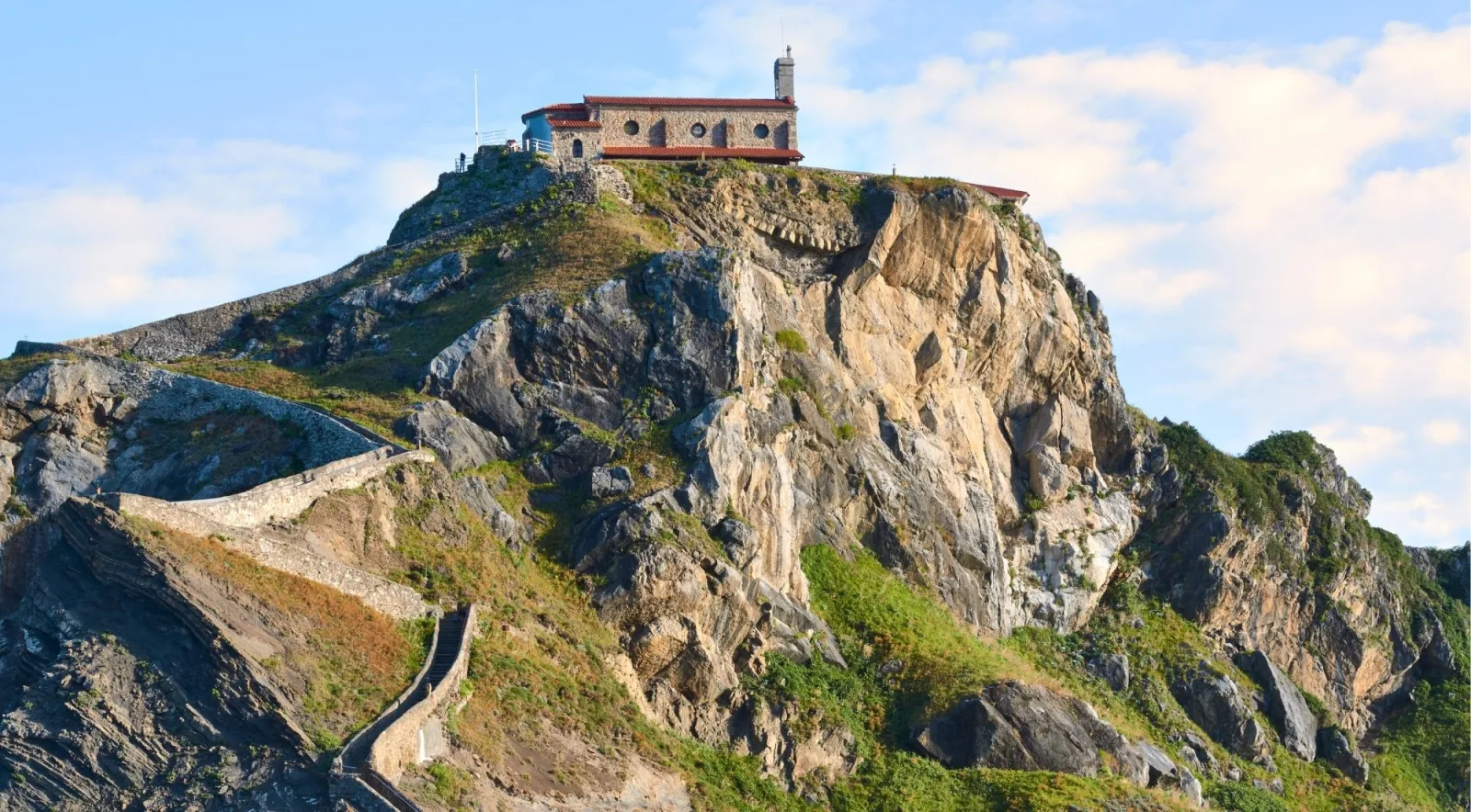 The stone hermitage of San Juan de Gaztelugatxe with its red-tiled roof on the summit of the rocky islet
