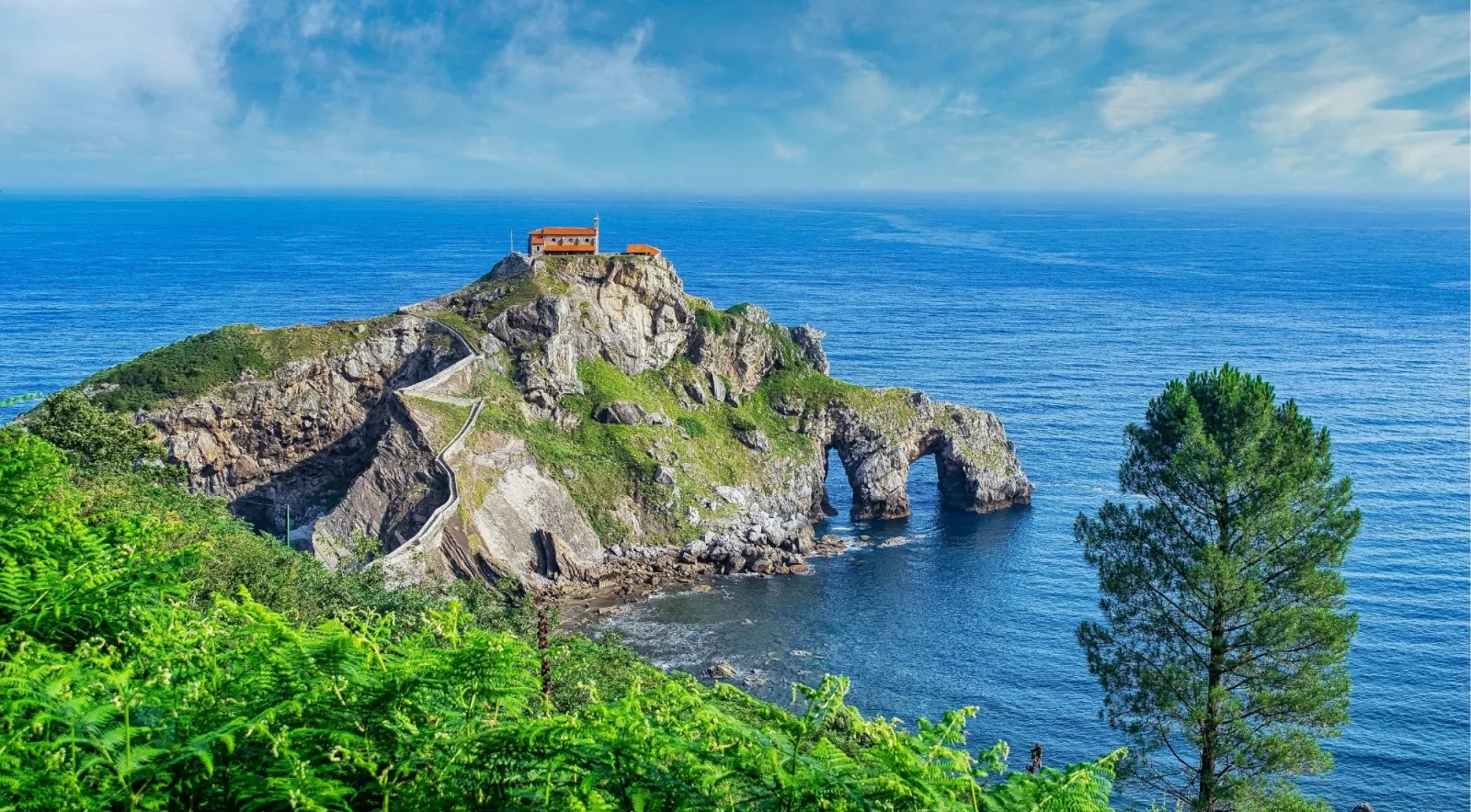 Gaztelugatxe islet and its natural rock arch seen through ferns and pines from the coastal path